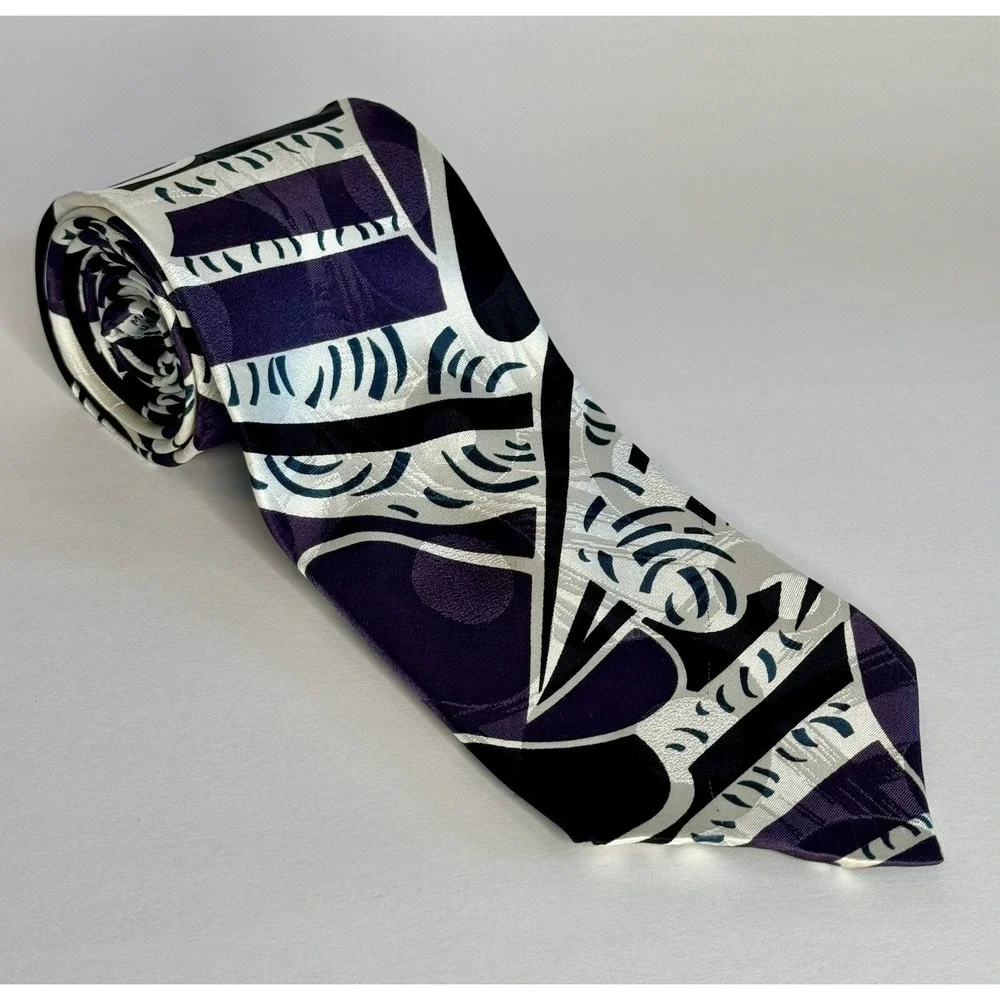 Paul Rodon Couture Necktie Mens Purple White Black Abstract Geometric Silk Tie